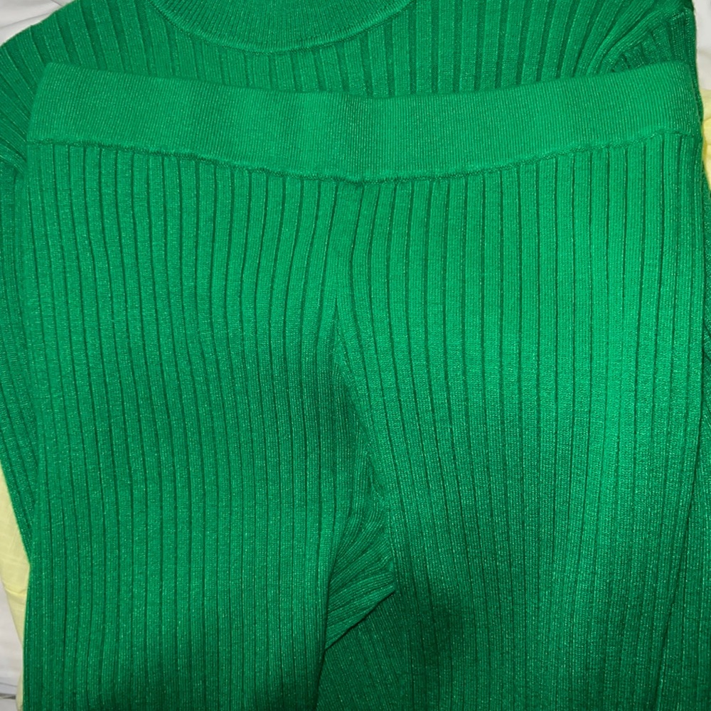 ASOS Green Ribbed Flare Pants Size 10 High Rise Knit Stretch - Picture 7 of 13